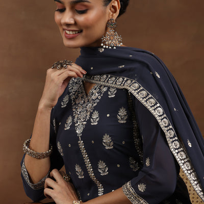 Grey Embroidered Georgette Straight Suit With Dupatta