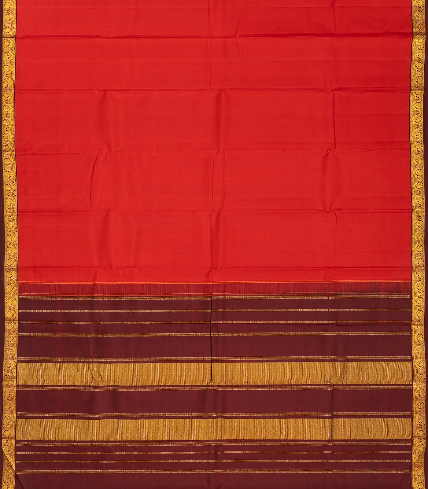Red Handloom Kanchipuram Silk Saree With Brown Border