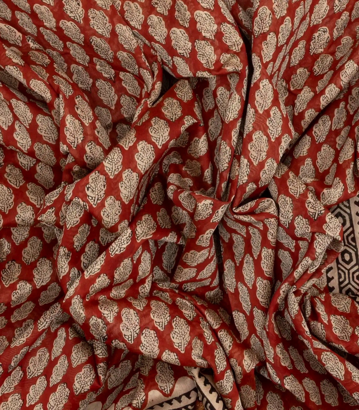 Rust Handloom Chanderi Cotton Saree With Printed Flower Motifs