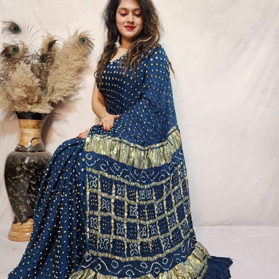 Modal Silk Barik Bandhej work Lagdi Patta Border Chex Bandhani Saree