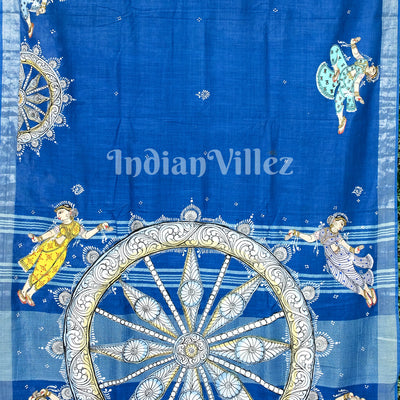 Blue Radha Krishna Rasa Theme Hand-Painted Pattachitra Saree