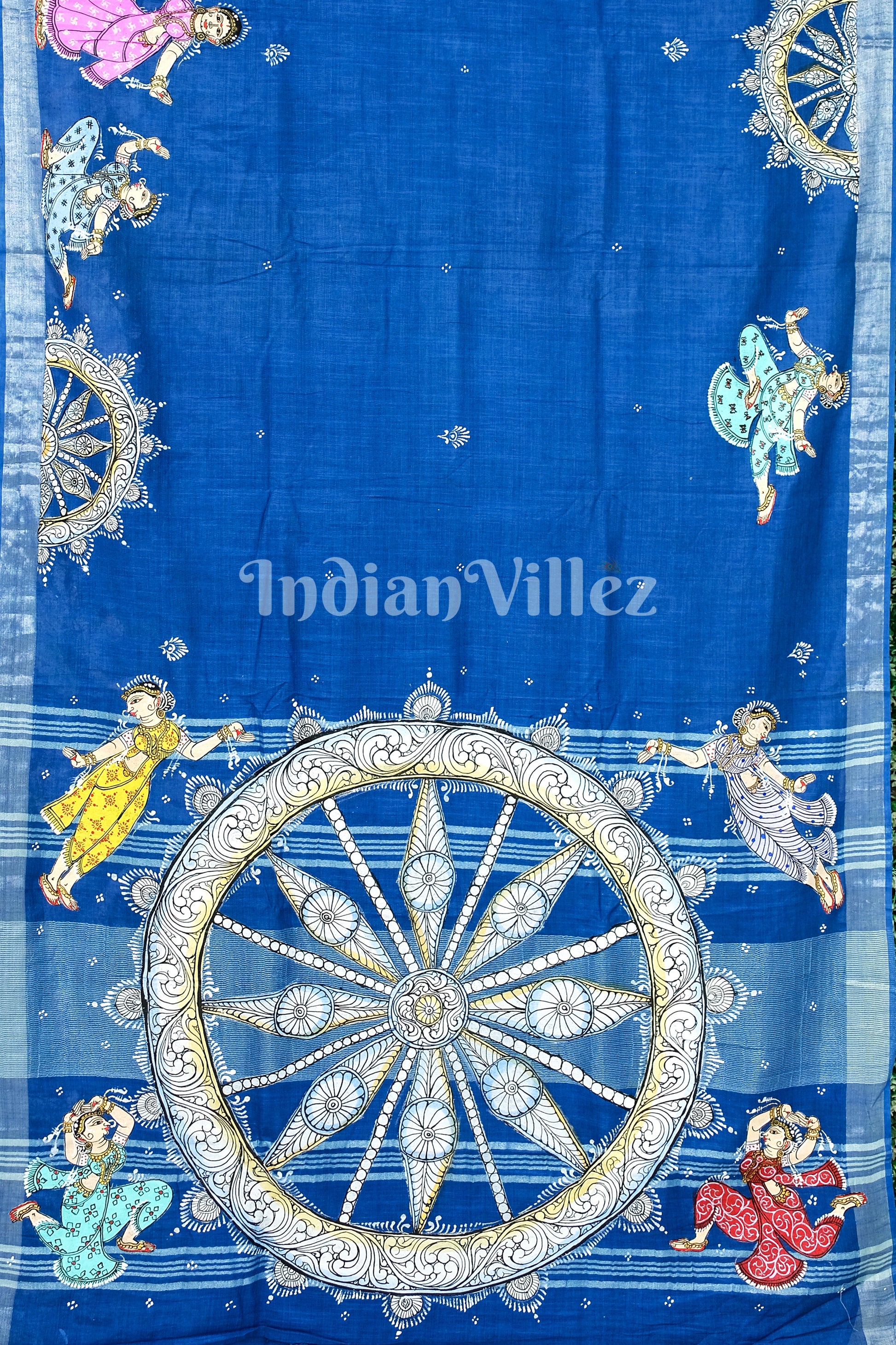 Blue Radha Krishna Rasa Theme Hand-Painted Pattachitra Saree