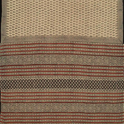 Sandal Woven Jaipur Cotton Saree Printed With Black Floral Motifs