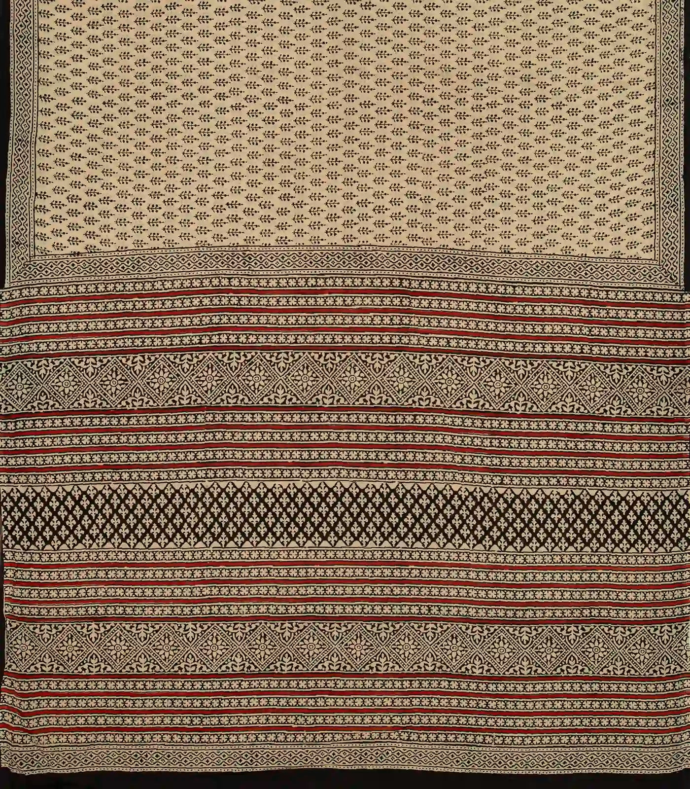 Sandal Woven Jaipur Cotton Saree Printed With Black Floral Motifs