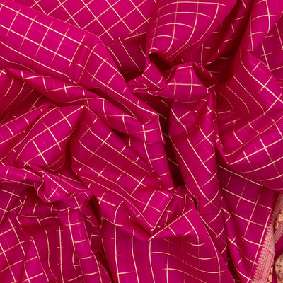 Hot Pink Handloom Silk Cotton Saree With Zari Checks