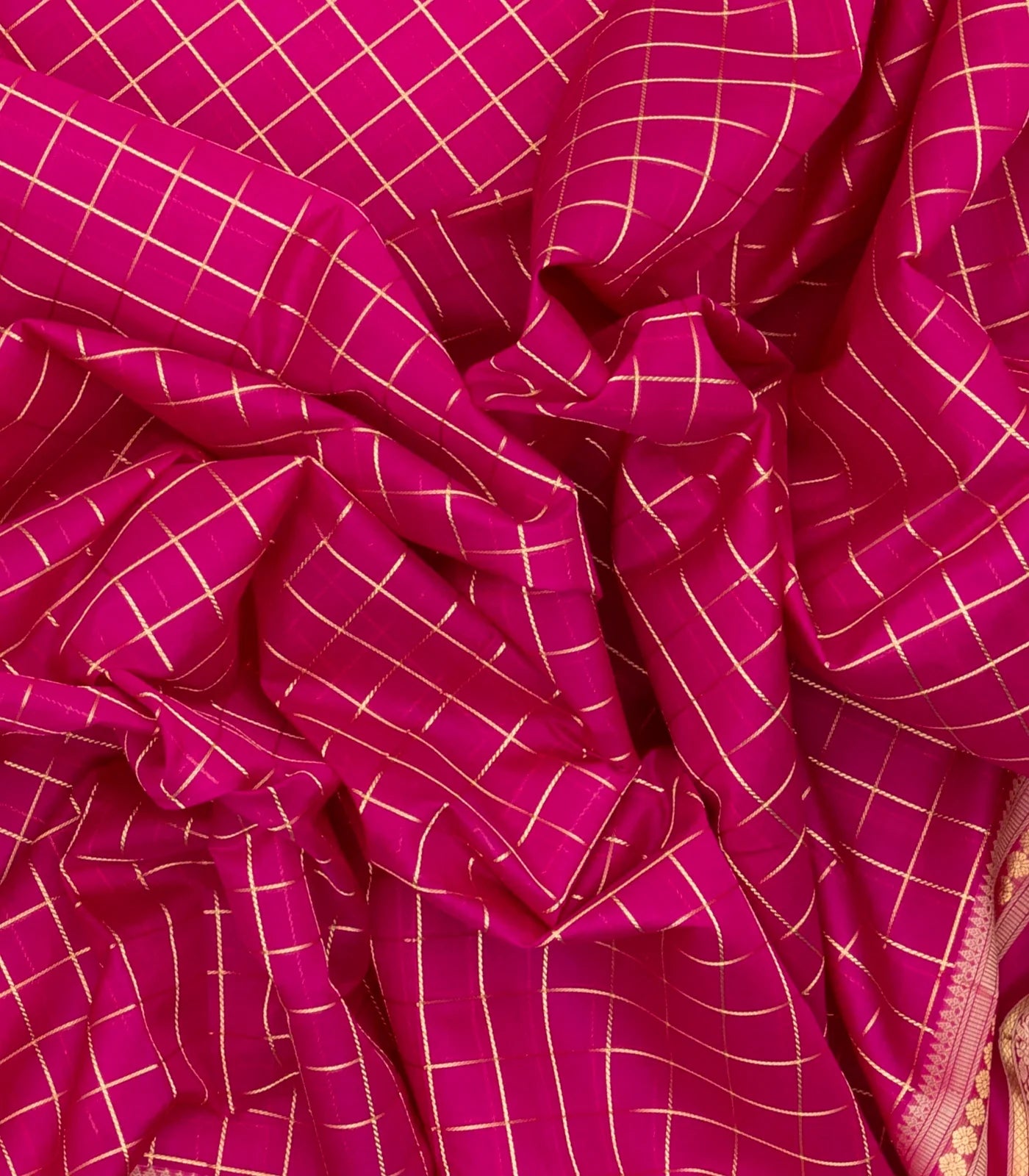 Hot Pink Handloom Silk Cotton Saree With Zari Checks