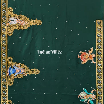 Bottle Green Radha Krishna Pattachitra Silk Saree