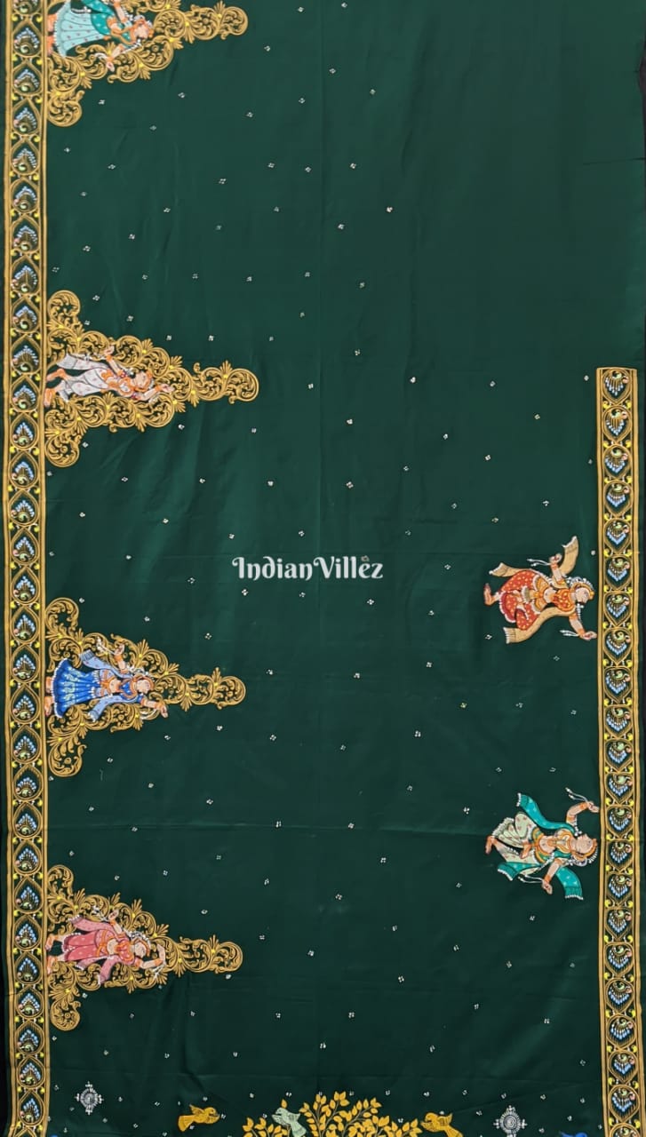 Bottle Green Radha Krishna Pattachitra Silk Saree