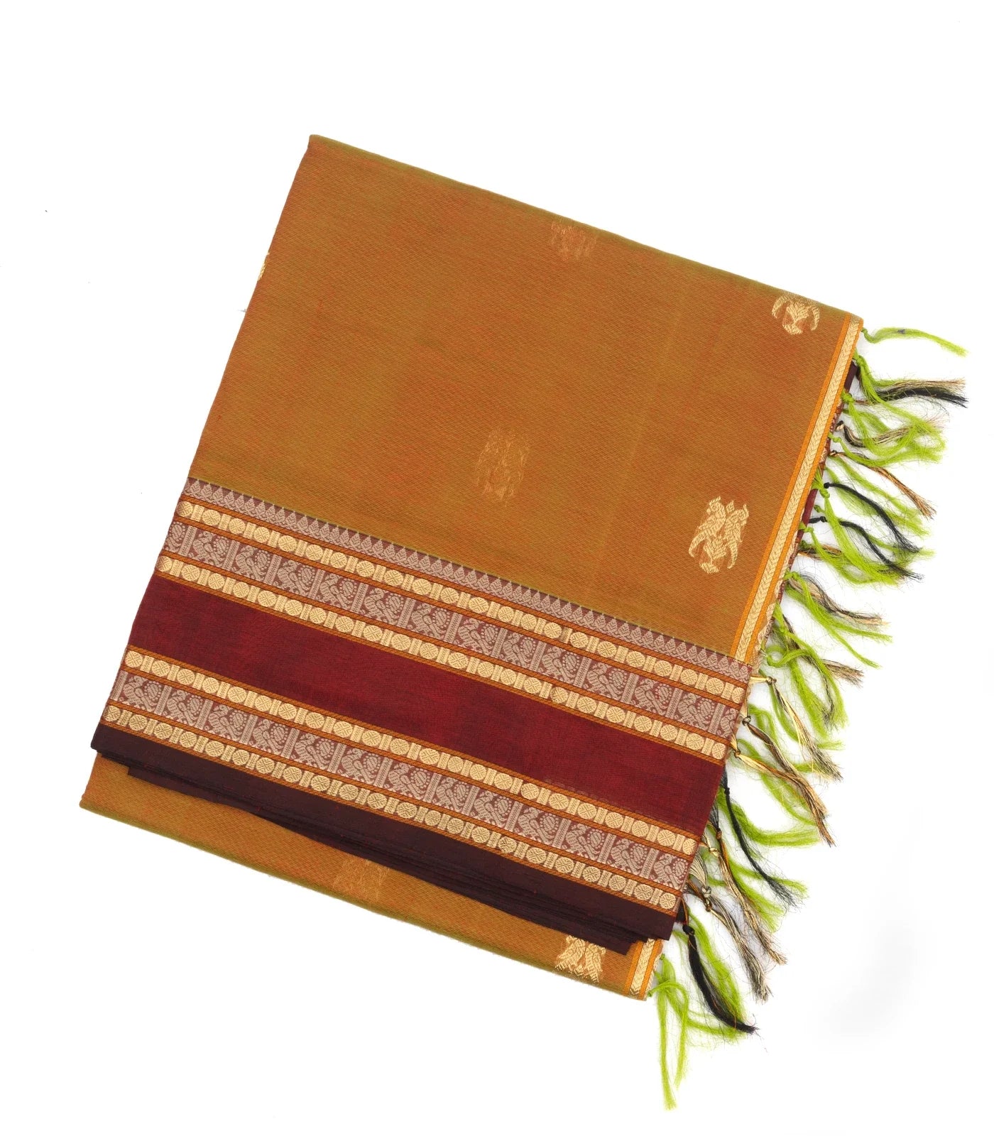 Mustard Handloom Silk Cotton Saree With Parrot Buttas