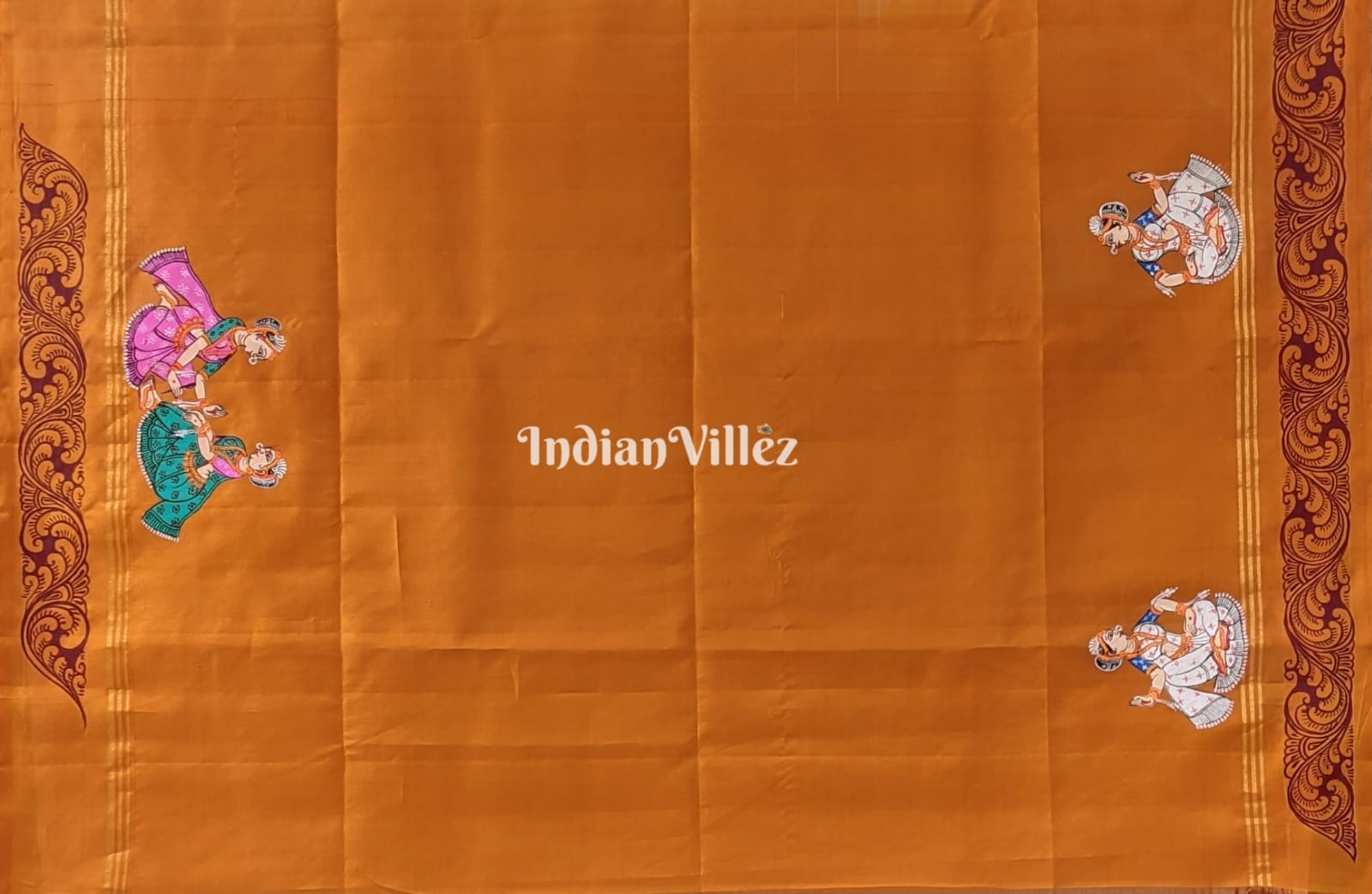 Red Mustard Yellow Marriage Theme Hand-Painted Pattachitra Saree