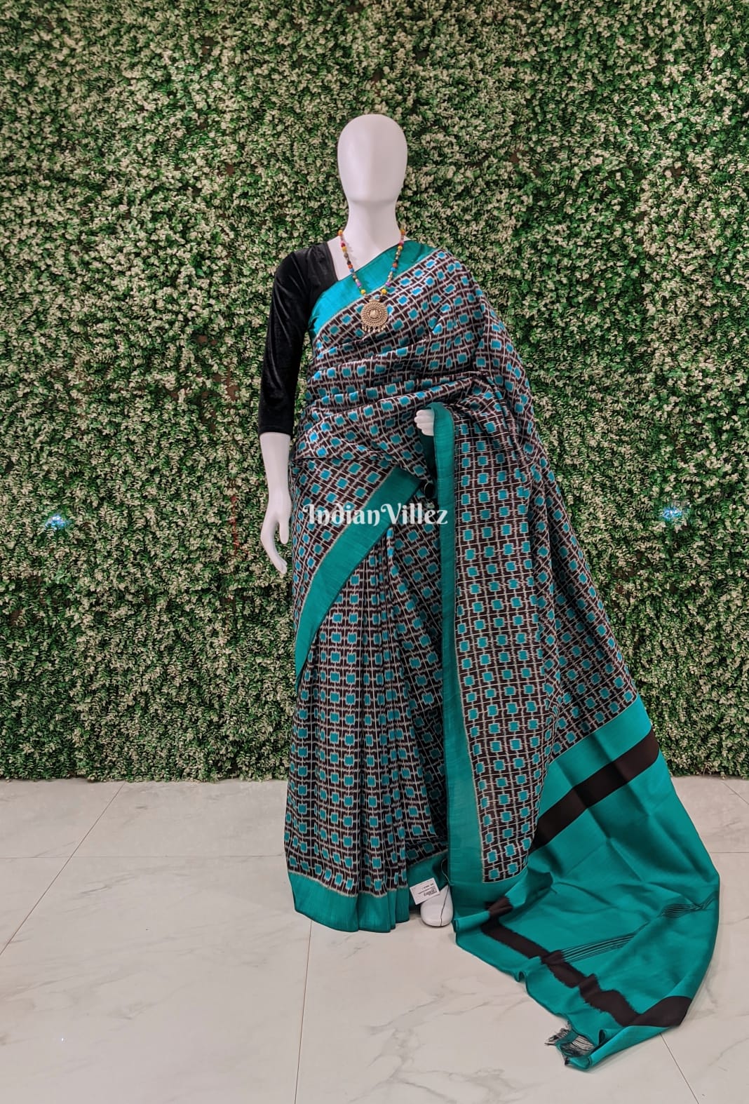 Sea Green Coffee Odisha Ikat Contemporary Silk Saree