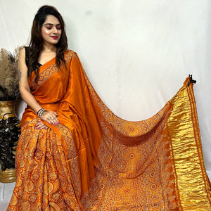 Fine Modal Silk Authetic Hand blocked Ajrakh Print Saree