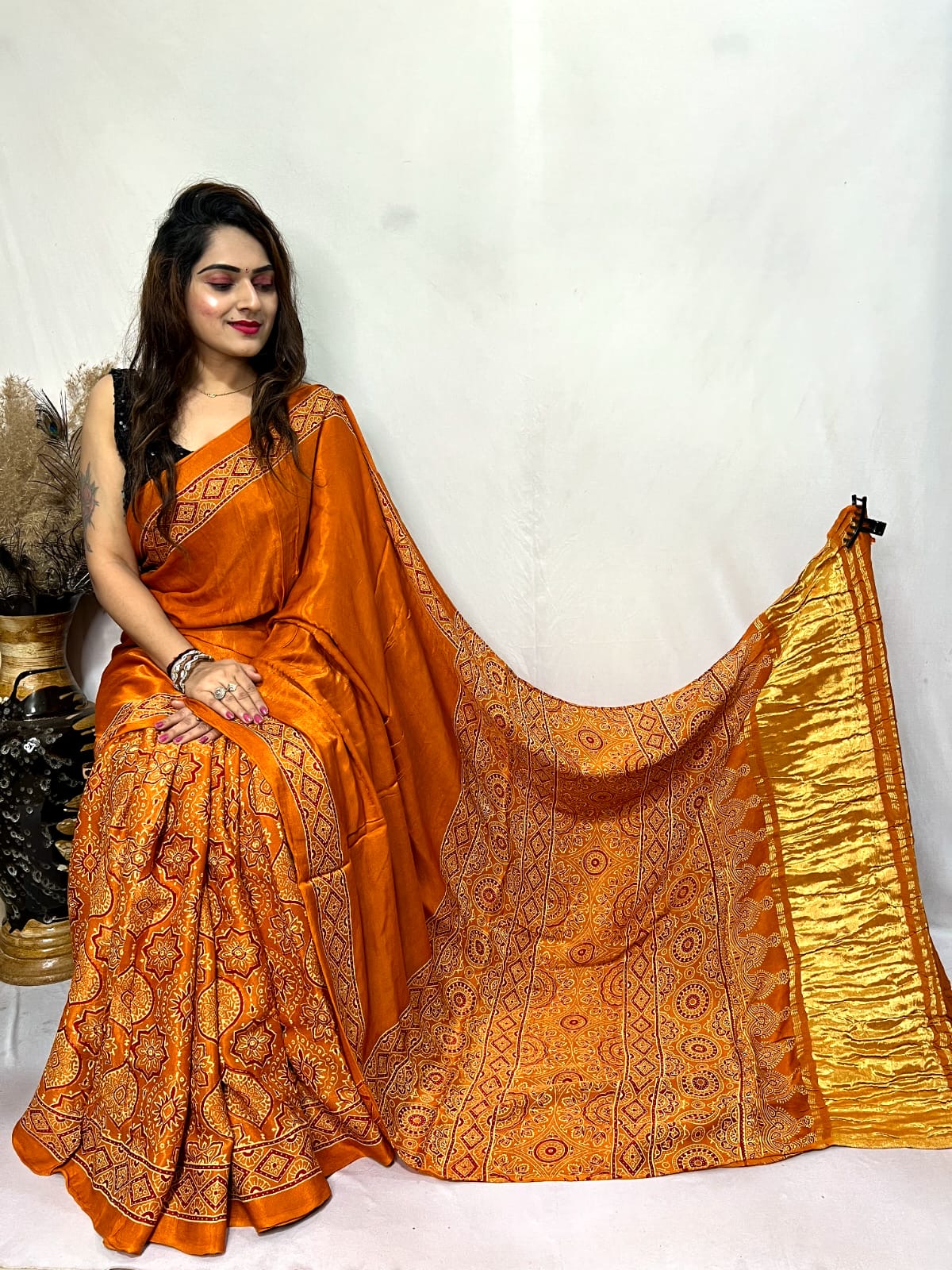 Fine Modal Silk Authetic Hand blocked Ajrakh Print Saree