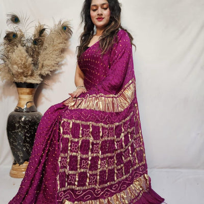 Modal Silk Barik Bandhej work Lagdi Patta Border Chex Bandhani Saree