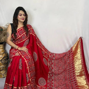 Modal Silk Original Hand Blocked Ajrakh work Lagdi Pallu Saree