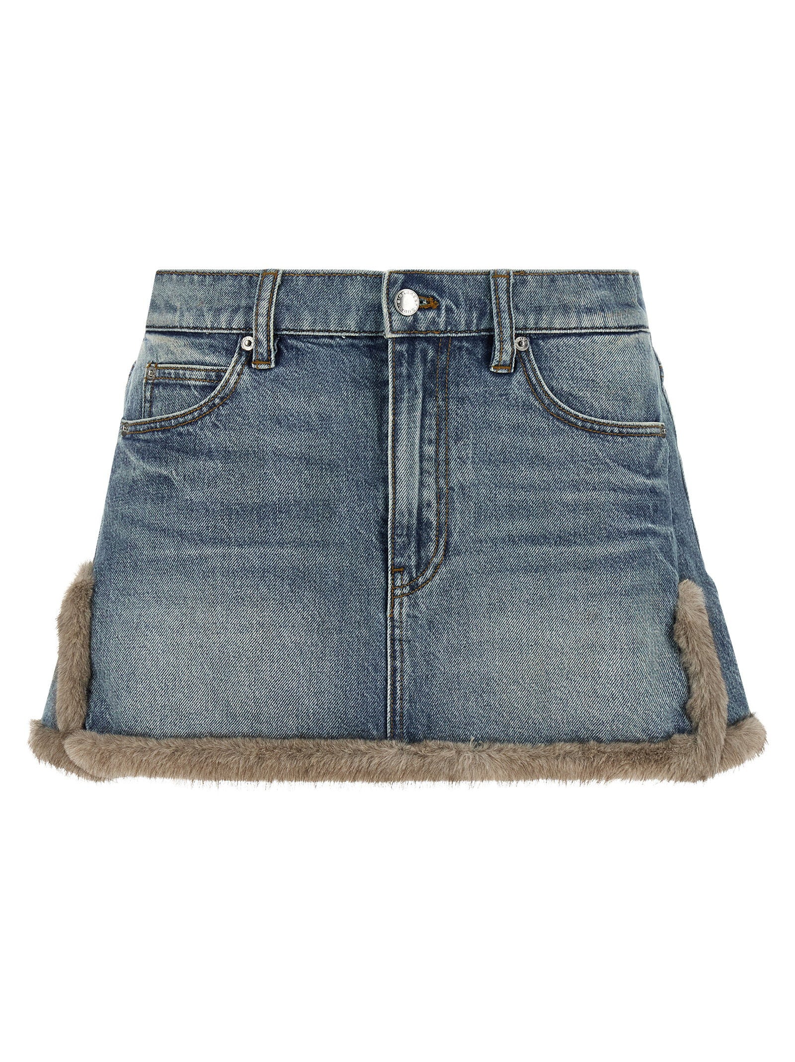 Denim X Alexander Wang Denim Skirt With Fur Hem