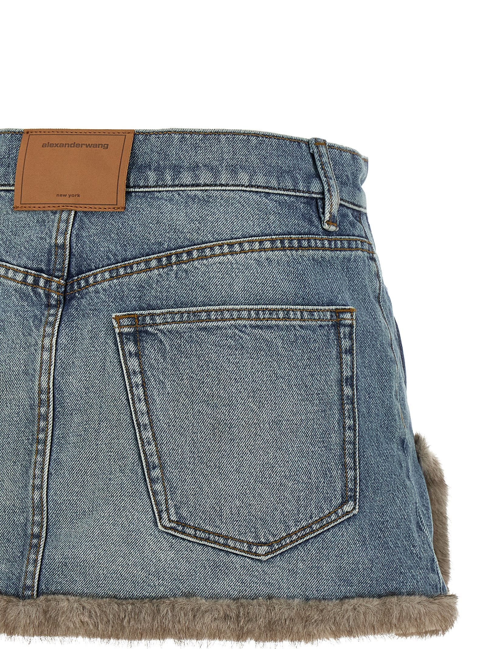 Denim X Alexander Wang Denim Skirt With Fur Hem