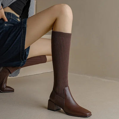 Lia Knee High Trendy Sock Leather Boots