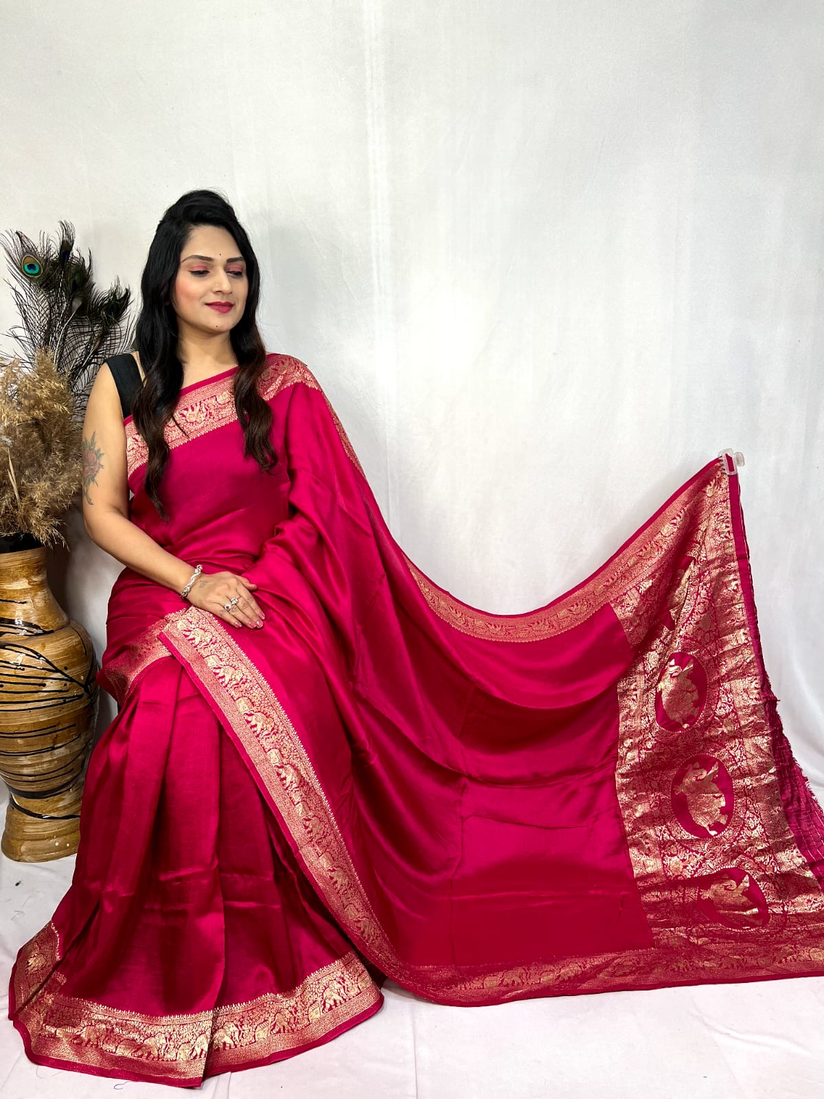 Dola Silk Golden Zari Border Saree