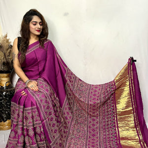 Modal fine Silk Hand Blocked Ajrakh work Saree