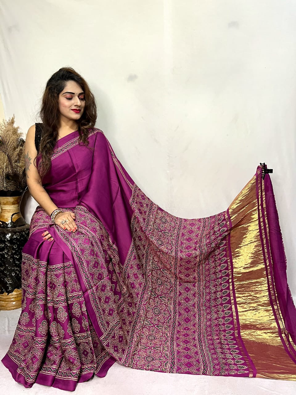 Modal fine Silk Hand Blocked Ajrakh work Saree