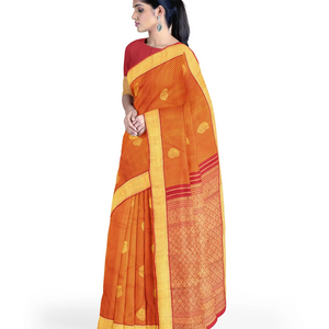 Red Handloom Kanchipuram Silk Saree With Mango Zari Buttas-Red
