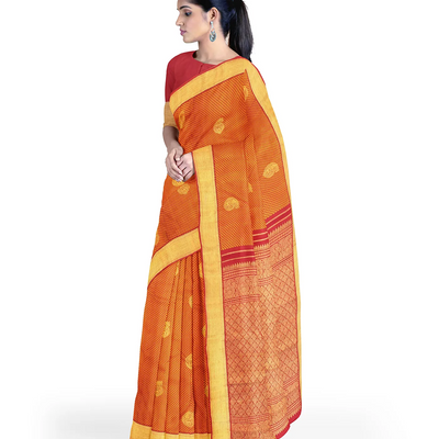 Red Handloom Kanchipuram Silk Saree With Mango Zari Buttas-Red