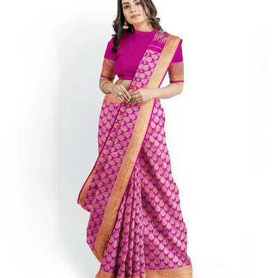 Hot Pink Handloom Kanchipuram Silk Saree With Floral Zari Motifs -Hot Pink