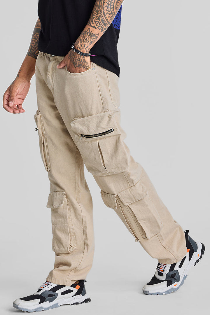 Beige Baggy Fit Cargo Jeans