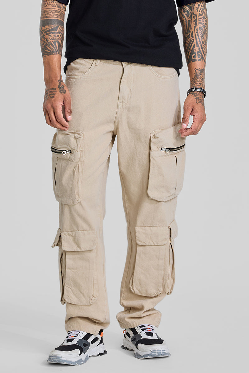 Beige Baggy Fit Cargo Jeans