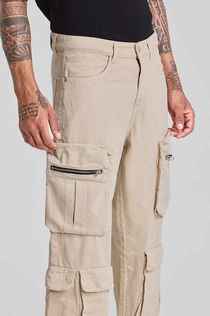 Beige Baggy Fit Cargo Jeans