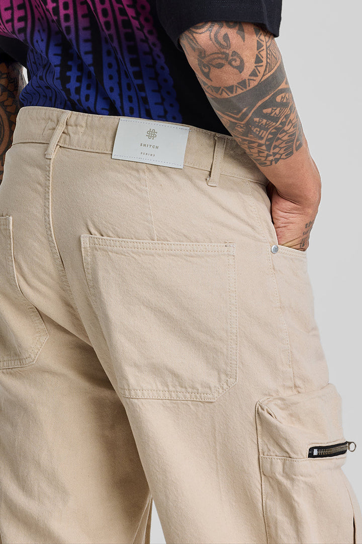 Beige Baggy Fit Cargo Jeans