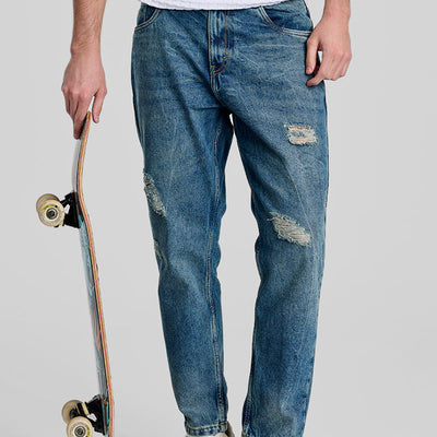 Denim Blue Distressed Baggy Fit Jeans