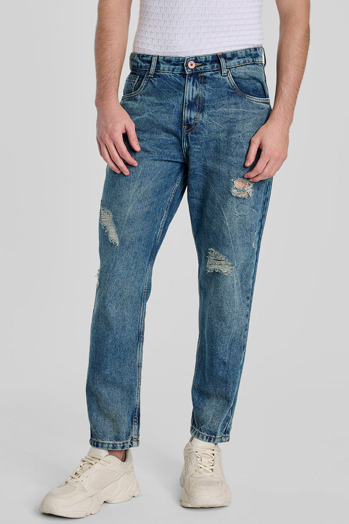 Denim Blue Distressed Baggy Fit Jeans