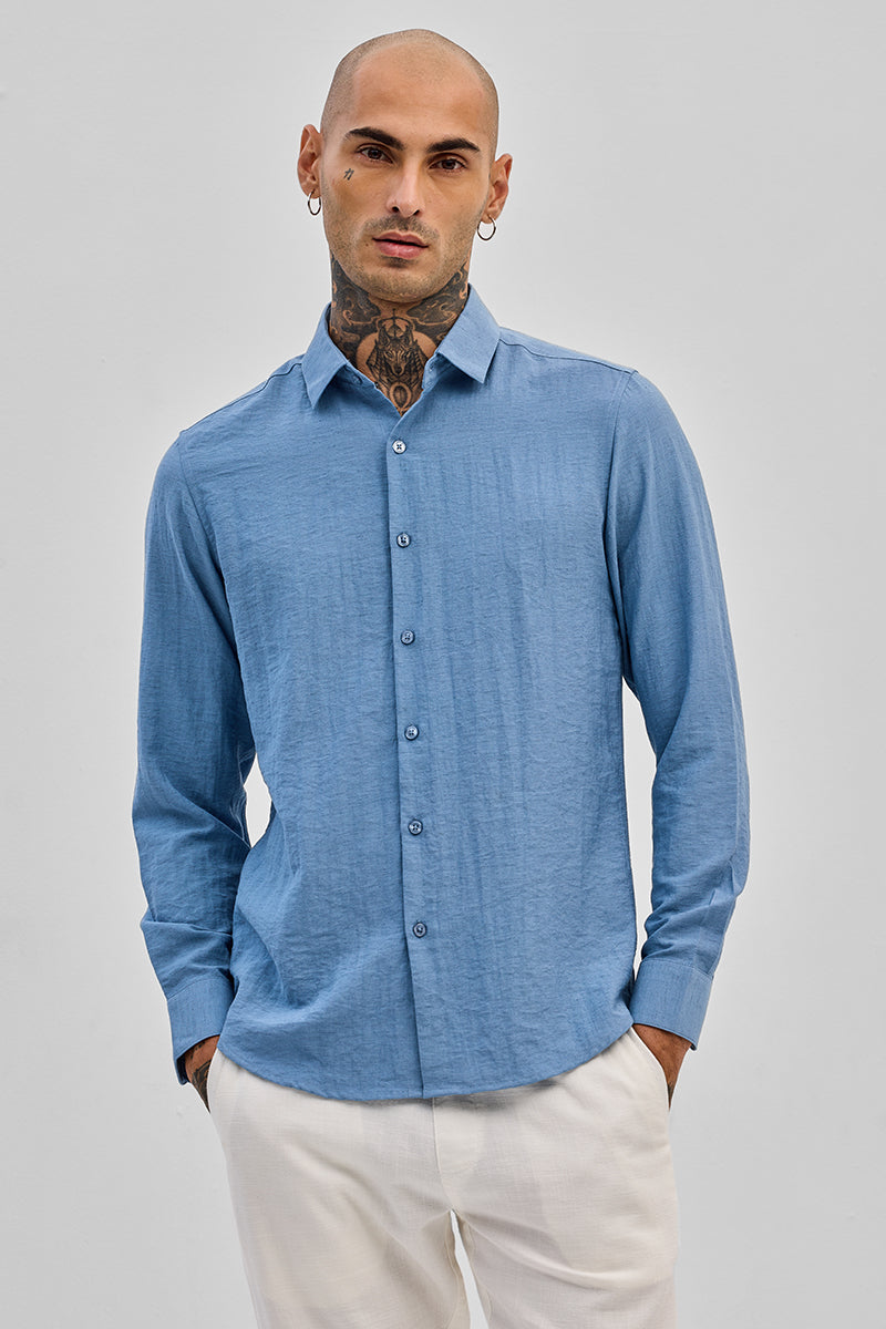 Blue Slim Fit Linen Shirt