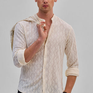 Cream Mandarin Self-Design Shirt
