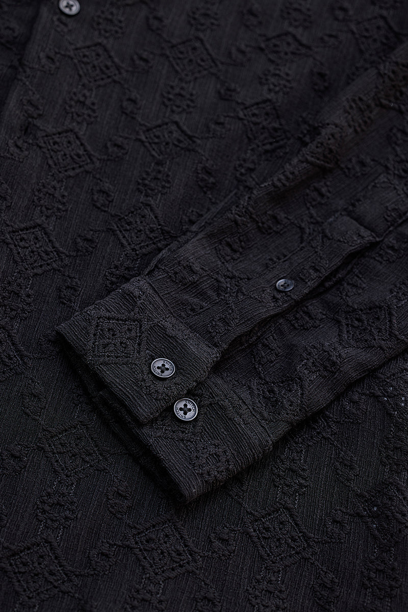 Black Mandarin Self-Design Shirt