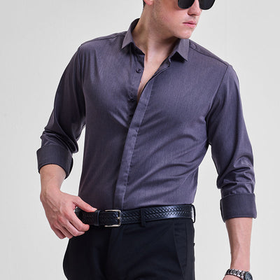 Dark Grey Solid Concealed Placket Shirt