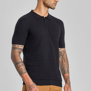 Black Zipper Knitted Polo T-Shirt
