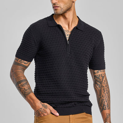 Black Zipper Knitted Polo T-Shirt