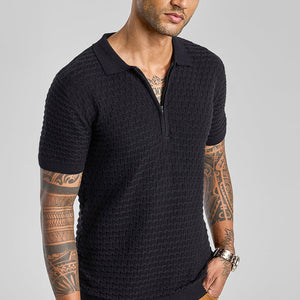 Black Zipper Knitted Polo T-Shirt