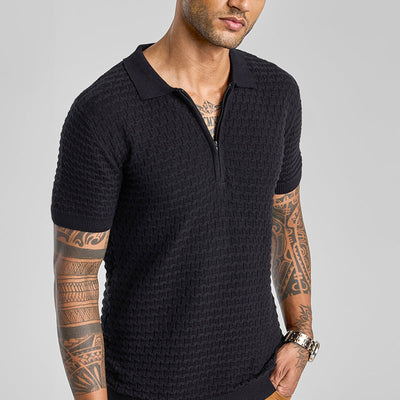 Black Zipper Knitted Polo T-Shirt