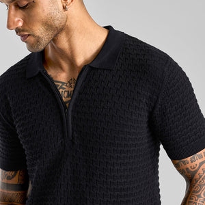 Black Zipper Knitted Polo T-Shirt