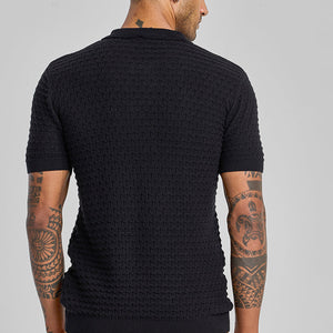 Black Zipper Knitted Polo T-Shirt