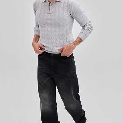 Light Grey Zipper Knitted Polo T-Shirt