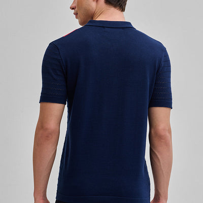 Navy Colourblocked Zipper Polo T-Shirt
