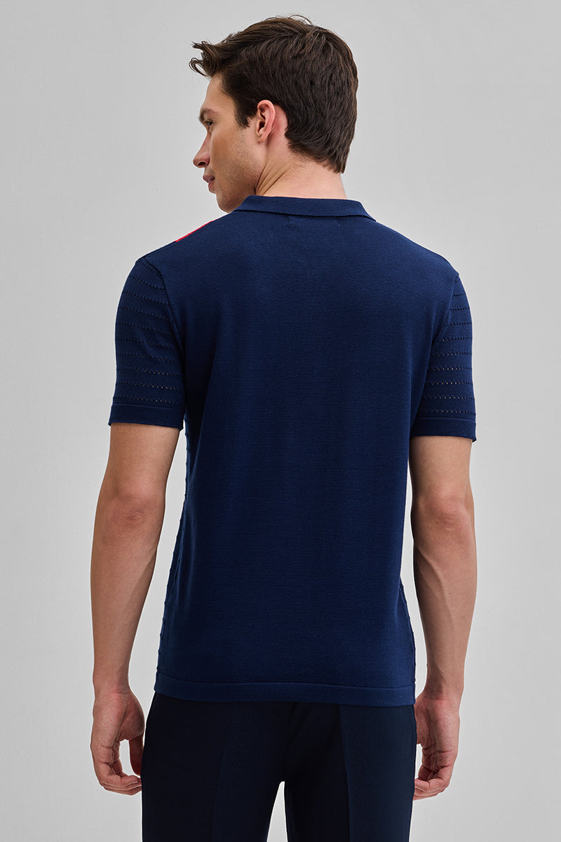 Navy Colourblocked Zipper Polo T-Shirt