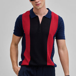 Navy Colourblocked Zipper Polo T-Shirt