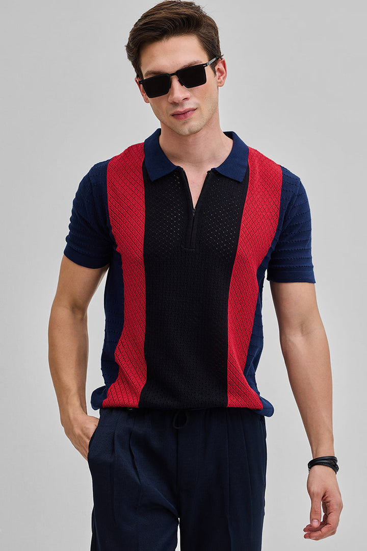 Navy Colourblocked Zipper Polo T-Shirt