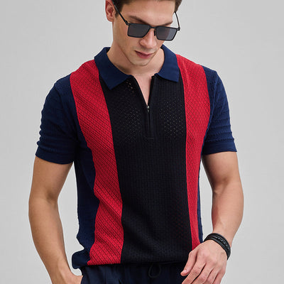Navy Colourblocked Zipper Polo T-Shirt